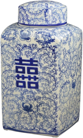 12.5" Classic Blue and White Porcelain Floral Square Jar Vase, China Ming Style, Jingdezhen, Double Happiness