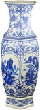 Festcool 25" Classic Blue and White Hexagonal Porcelain Vase, Landscape Painting Ceramic China Qing Style （D9）