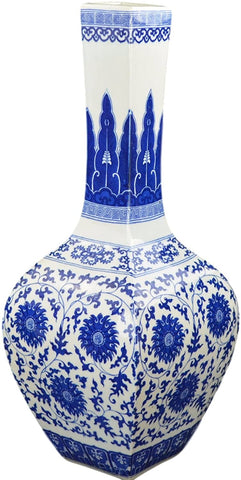 14" Classic Blue and White Floral Porcelain Vase, Square Globular Shape China Qing Style (D14)