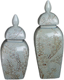 Set of 2 Classic Light Green Porcelain Floral Square Jars Vases, China Ming Style, Jingdezhen Cherry Blossom (J5)
