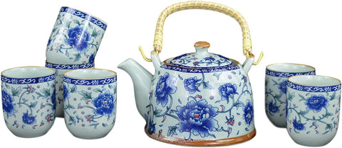 7 Pc Premium Blue Porcelain Tea Set Teaset Fine Tea Pot Tea Cups Blue Poeny