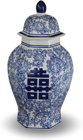 14" Classic Blue and White Porcelain Floral Temple Ginger Jar Vase, China Ming Style, Jingdezhen, Double Happiness