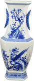 17" Classic Blue and White Porcelain Bird and Flowers Jar Hexagonal Vase with Moon Ears, China Qing Style, Jingdezhen (D17)
