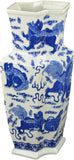 17" Classic Blue and White Porcelain Lion Dance Angular Jar Vase, China Qing Style, Jingdezhen (D13)