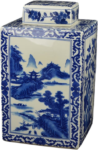 Classic Blue and White Porcelain Square Jar Vase, Flower and Landscape, China Qing Style, Jingdezhen (D11)