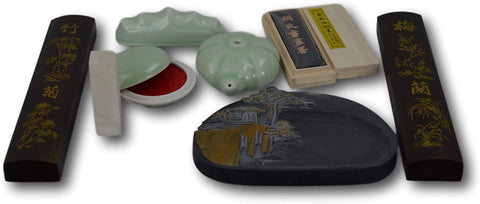 Chinese Calligraphy Sumi Set, Ingot, Inkstone, Jade Seal, Paperweight, Inkpad Box