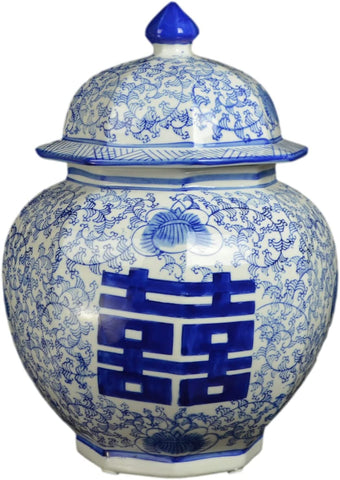 Festcool Blue and White Porcelain Flowers Double Happiness Ceramic Covered Jar Vase, Food Container Storage Jingdezhen Chinese (J22), 12 inch