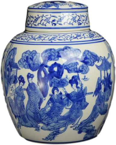 Festcool Blue and White Porcelain Ceramic Covered Jar Vase, Beautiful Antient Ladies , Jingdezhen (J19), 10''