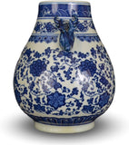 Classic Blue and White Floral Porcelain Vase, Double Deer Head Handles China Ming Style 14.5"