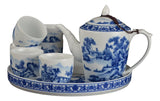 8 Pc Premium Blue and White Porcelain Tea Set Teaset Fine Tea Pot Tea Cups Traditional Chinese Landscape Painting