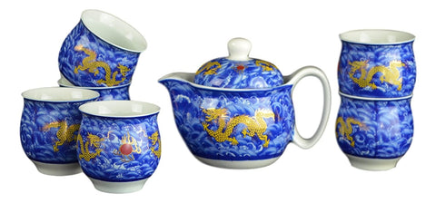 7 Pc Premium Blue Porcelain Tea Set Teaset Fine Tea Pot Tea Cups Traditional Blue Sea Golden Dragon