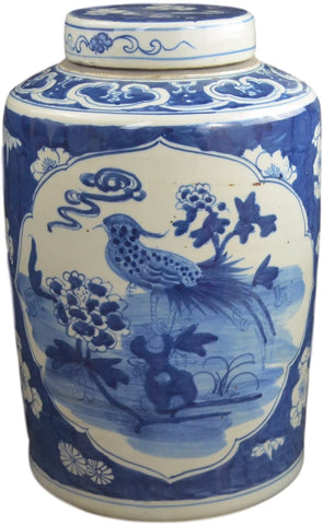 15" Antique Like Finish Retro Blue and White Porcelain Bird and Flowers Ceramic Covered Jar Vase, China Ming Style, Jingdezhen (L10)