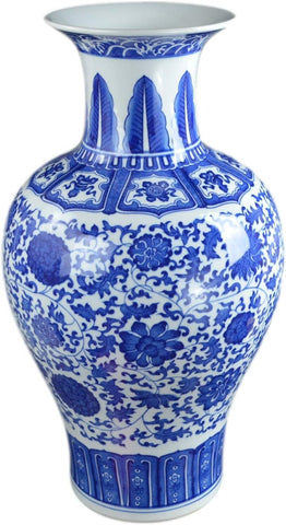 Classic Blue and White Floral Porcelain Vase, Fishtail Vase China Ming Style 19"