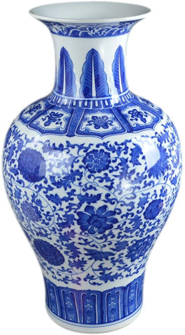 Classic Blue and White Floral Porcelain Vase, Fishtail Vase China Ming Style 19"