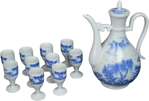 11 PCS Wine Liquor Spirit Sake Alcohol Porcelain Pot Set 1 Pot 8 Cups Chinese Japanese (Blue Mountain Village) Blue and White 2