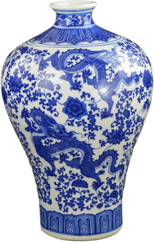 Festcool 17" Classic Blue and White Dragon Porcelain Vase, Prunus (Plum) Vase China Ming Style