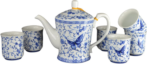 7 Pcs Premium Ivy Butterfly Blue and White Tea Set Fine Tall Tea Pot Tea Cups Traditional Chinese