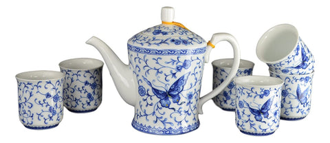 7 Pcs Premium Ivy Butterfly Blue and White Tea Set Fine Tall Tea Pot Tea Cups Traditional