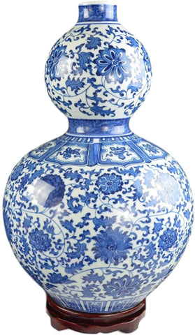 19" Classic Blue and White Porcelain Gourd-Shaped Vase, China Ming Style, Happiness, Good Fortune, Fengshui, Jingdezhen, Free Wood Base
