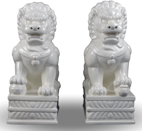 Porcelain Pair Foo Dogs (Fu Dogs) Statues, Lion, Fengshui Door God, White Dehua 13"