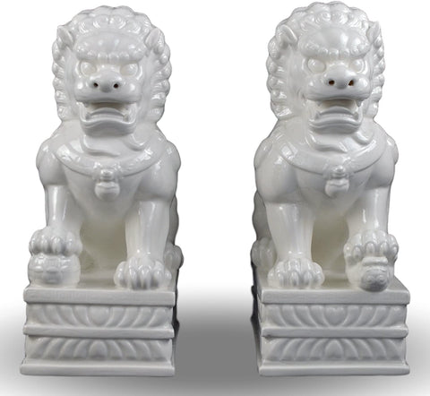 Porcelain Pair Foo Dogs (Fu Dogs) Statues, Lion, Fengshui Door God, White Dehua 13"