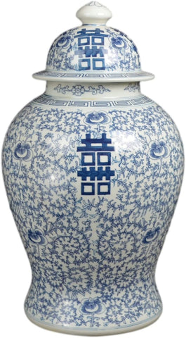 19" Antique Like Blue and White Porcelain Temple Vase Jar Double Happiness Jingdezhen China (J8)