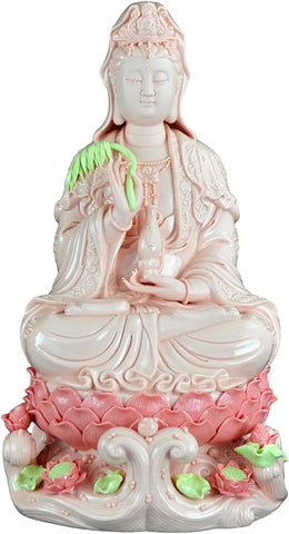 14.5" Fine Porcelain Quan Yin Buddha Sitting on a Lotus on Sea Statue, Guanyin, Kwan Yin, Kuanyin, Goddess of Mercy