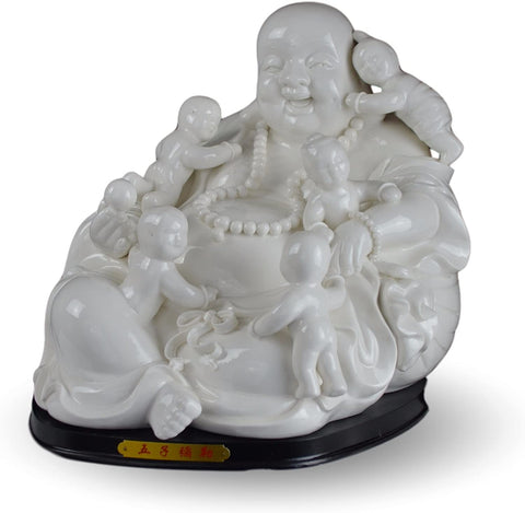 Large 9" Fine White Porcelain Fertility Happy Laughing Lucky Buddha, Sitting Statue