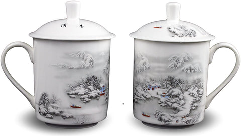 2 Bone China 14-ounce Tea Cups Coffee Mug (With Lid) Snow Scene Porcelain One Pair Jingdezhen