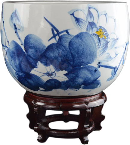 Porcelain Blue and White Fishbowl , Hand-painted Lotus Fish Bowl