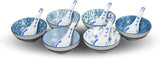 Porcelain Bowls Set of 6, for Cereal, Soup, Chinese Japanese Bowl Sets with Free 6 Porcelain Spoons, 10 oz, Blue and White