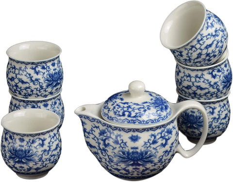 7 Pc Premium Blue and White Porcelain Tea Set Fine Tea Pot Tea Cups Traditional