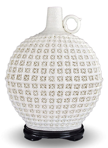 12" Fine Hand-woven Fretwork White Porcelain Decorative Vase, One Handle, Dehua
