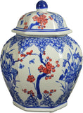 Blue and White Porcelain Ceramic Covered Floral Jar Vase, Food Container Storage Lotus Plum Blossoms,(J23)