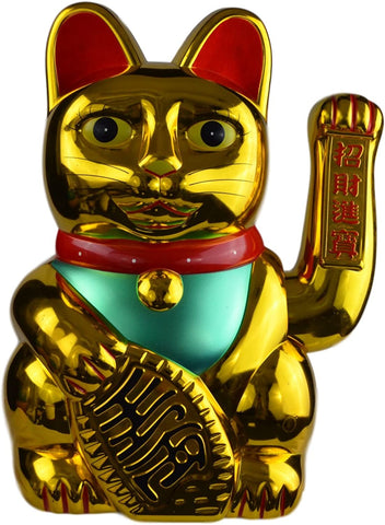 Beckoning Maneki Neko Lucky Fortune Cat Waving Arm Golden 19"