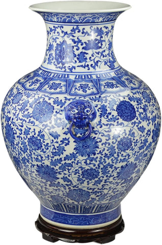 Festcool 21" Large Classic Blue and White Floral Porcelain Vase, Double Lion Head Ears Ceramic China Ming Style