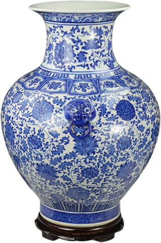 21" Large Classic Blue and White Floral Porcelain Vase, Double Lion Head Ears Ceramic China Ming Style