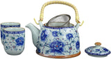 7 Pc Premium Blue Porcelain Tea Set Teaset Fine Tea Pot Tea Cups Blue Poeny