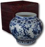 Classic Blue and White Yuan Porcelain Vase, GUI Guzi Descends The Mountain, China Yuan Style, 11", Free Wood Base