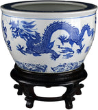 16" Porcelain Blue and White Fishbowl , Fish Bowl Two Dragons Playing with Super Pearl Chinese