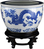 16" Porcelain Blue and White Fishbowl , Fish Bowl Two Dragons Playing with Super Pearl Chinese