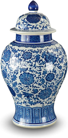 20" Classic Blue and White Porcelain Ceramic Floral Temple Ginger Jar Vase, Large China Ming Style, Jingdezhen