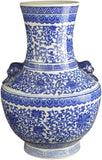 15" Classic Blue and White Floral Porcelain Vase, Double Lion Head Ears Ceramic China Ming Style, Free Wood Base