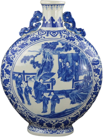 19“ Blue and White Porcelain Figure Round Flat Jar Vase (D15)