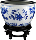 16" Porcelain Blue and White Fishbowl , Fish Bowl Two Dragons Playing with Super Pearl Chinese
