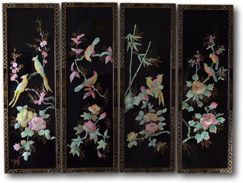 4 Pcs Mother of Pearl Wall Plaques, Hand-crafted Shell Picture Panels, Birds and Peony, Wall Art Decor Artwork Hanging Picture, 36" X 12"x 0.8"(7)