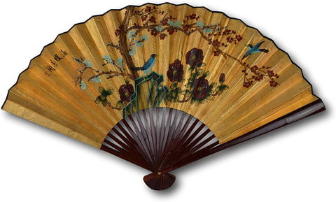 1980s Vintage Classic Large 42-inch Hand-painted Chinese Decorative Wall Fan, Paper Fan, Gold Leaf, Lucky Birds Magpie and Cherry Blossom, Japanese Style (2402)