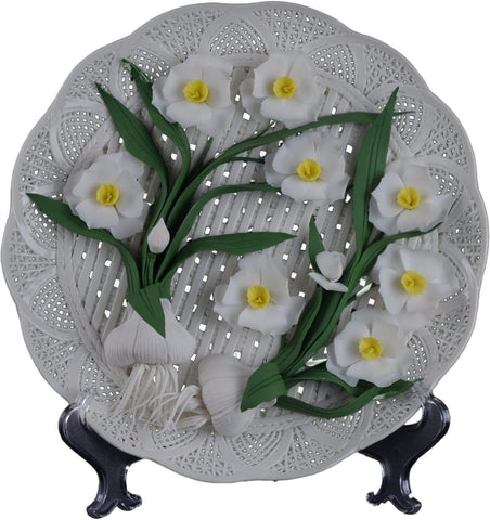 10" Hand-woven Fretwork White Porcelain Decorative Display Plate Daffodil Dehua