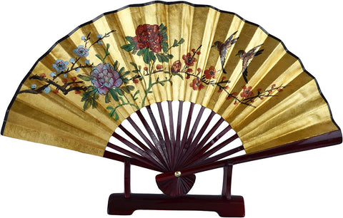 1980s Vintage Classic 24-inch Hand-painted Decorative Fan, Gold Leaf, 2 Magpie Cherry Blossom Poeny Blessings of Happiness, Bird, Chinese Japanese Style, with Stand (T103)
