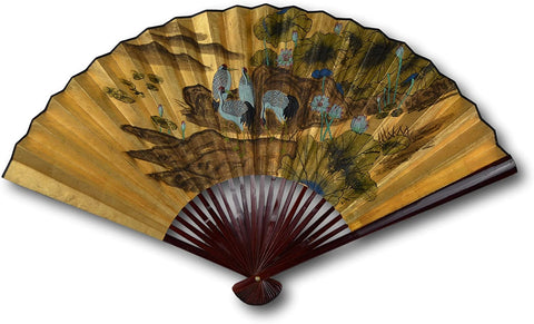 1980s Vintage Classic Large 42-inch Hand-painted Chinese Decorative Wall Fan, Paper Fan, Gold Leaf, Crane and Lotus, Japanese Style (2401)